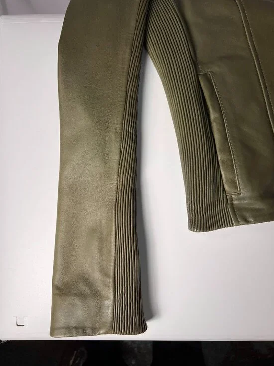 COLE HAAN Band Collar Olive Real Green Lamb Skin Leather Women's  Moto Jacket M - Picture 7 of 11